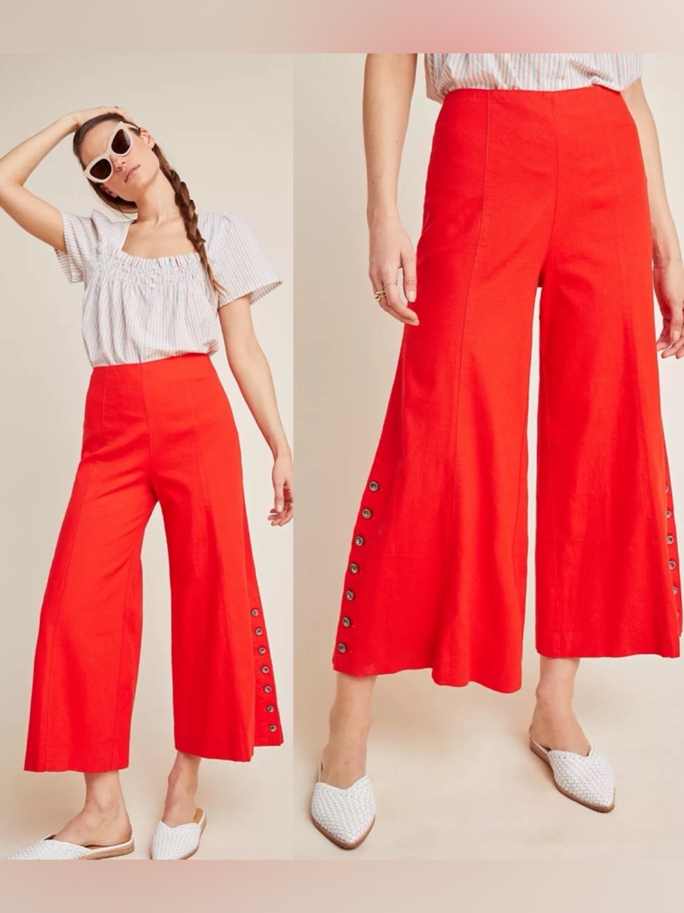 Anthropologie Red Wide-Leg Flare Cropped Button-Detail Linen Blend Pants